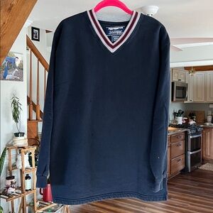 1990's Vintage Russell Athletic LL Bean V Neck Split Hem Navy Sweatshirt M